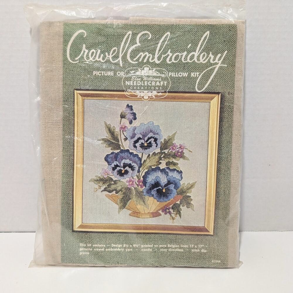 Elsa Williams Needlecraft Creations Crewel Picture Pillow Kit Pansies KC264 NOS
